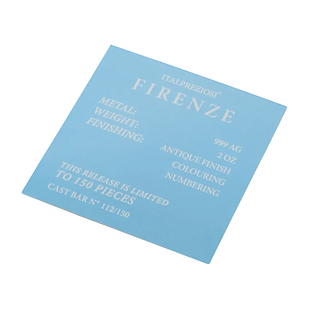 Certificato del lingotto Grandi Città Firenze con le diciture 999 AG, 2 OZ, ANTIQUE FINISH, COLOURING, NUMBERING e THIS RELEASE IS LIMITED TO 150 PIECES.