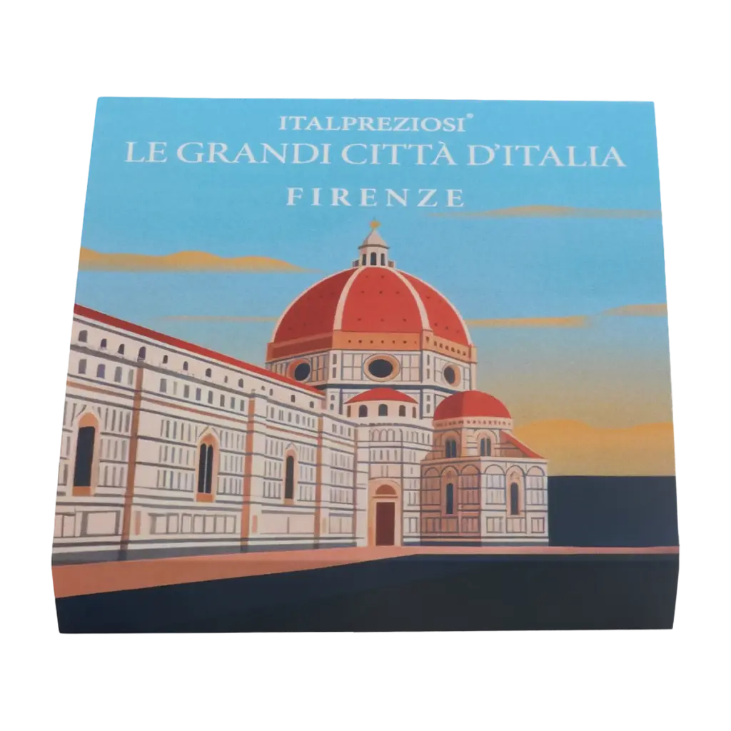 Astuccio illustrato incluso nella confezione del lingotto Grandi Città Firenze, con la scritta ITALPREZIOSI LE GRANDI CITTÀ D'ITALIA - FIRENZE e l'illustrazione del Duomo di Santa Maria del Fiore con la cupola rossa.