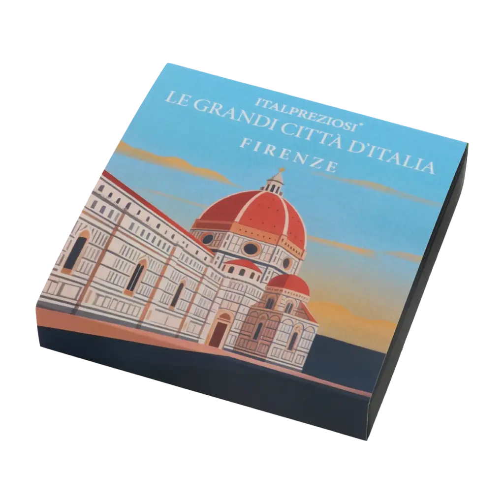 Astuccio del lingotto Grandi Città Firenze visto di tre quarti, con la veduta di Firenze che prosegue sui lati.