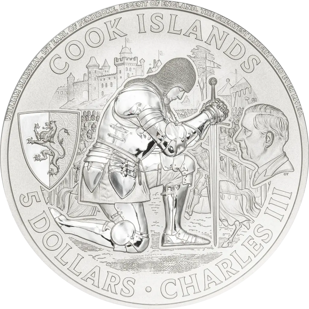 Dritto della moneta Knight Games - Giostra: William Marshal inginocchiato in armatura con la spada, un castello sullo sfondo, lo scudo con il leone e l'effigie di Carlo III, con le scritte COOK ISLANDS, 5 DOLLARS, CHARLES III e il suo titolo in microscrittura lungo il bordo.