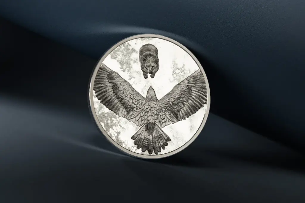Seven Deadly Sins - Envy coin standing on dark grey drapery, on the side with the eagle and the bear.