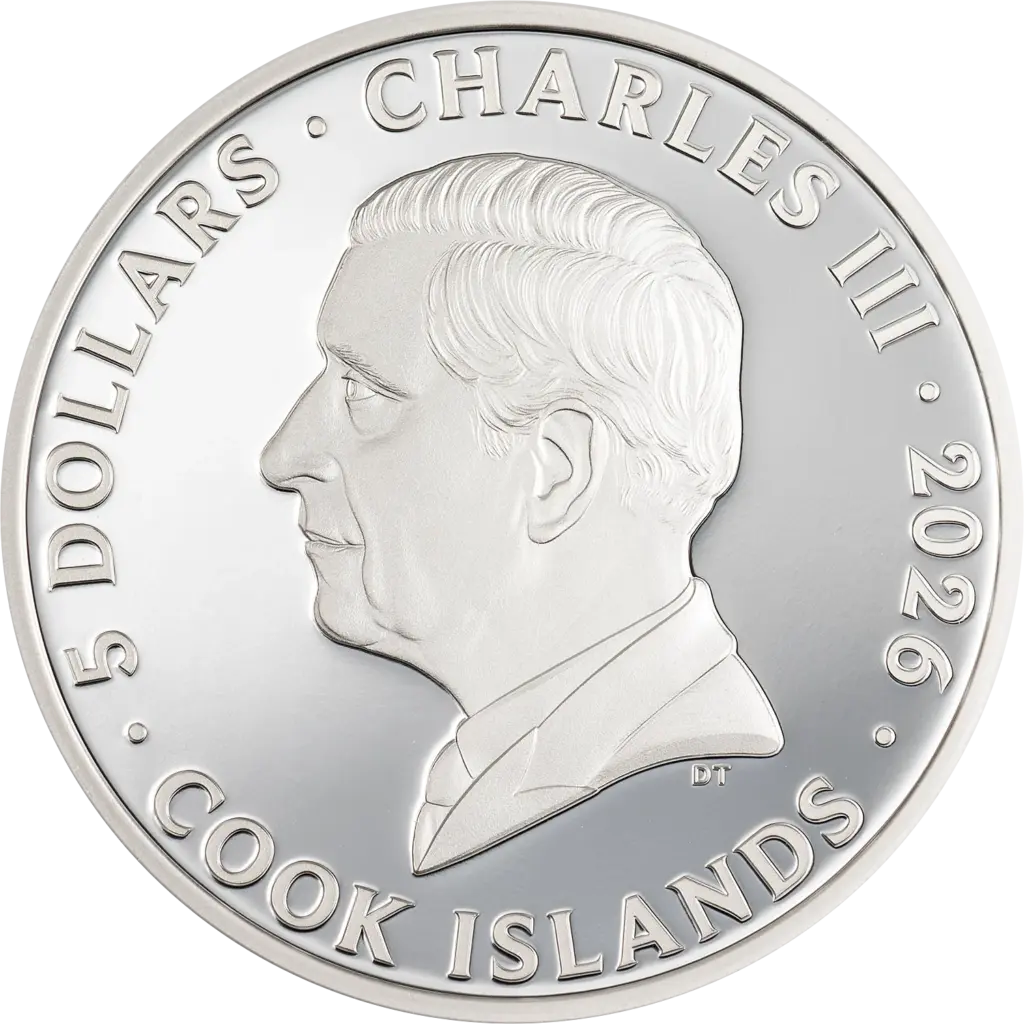Obverse of the Seven Deadly Sins - Envy coin: the effigy of Charles III with the inscriptions 5 DOLLARS, CHARLES III, 2026 and COOK ISLANDS.