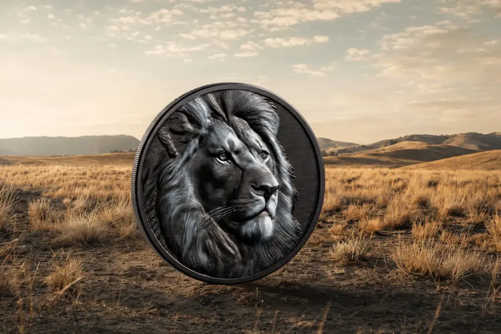 Black and White - Lion coin standing on dry savannah grass at sunset, lion portrait side.