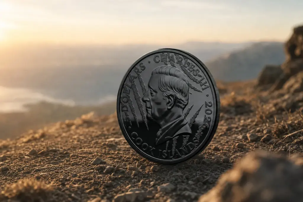Black and White - Lion coin standing on a rocky slope at dawn, with a valley in the background, on the side with the effigy of Charles III.