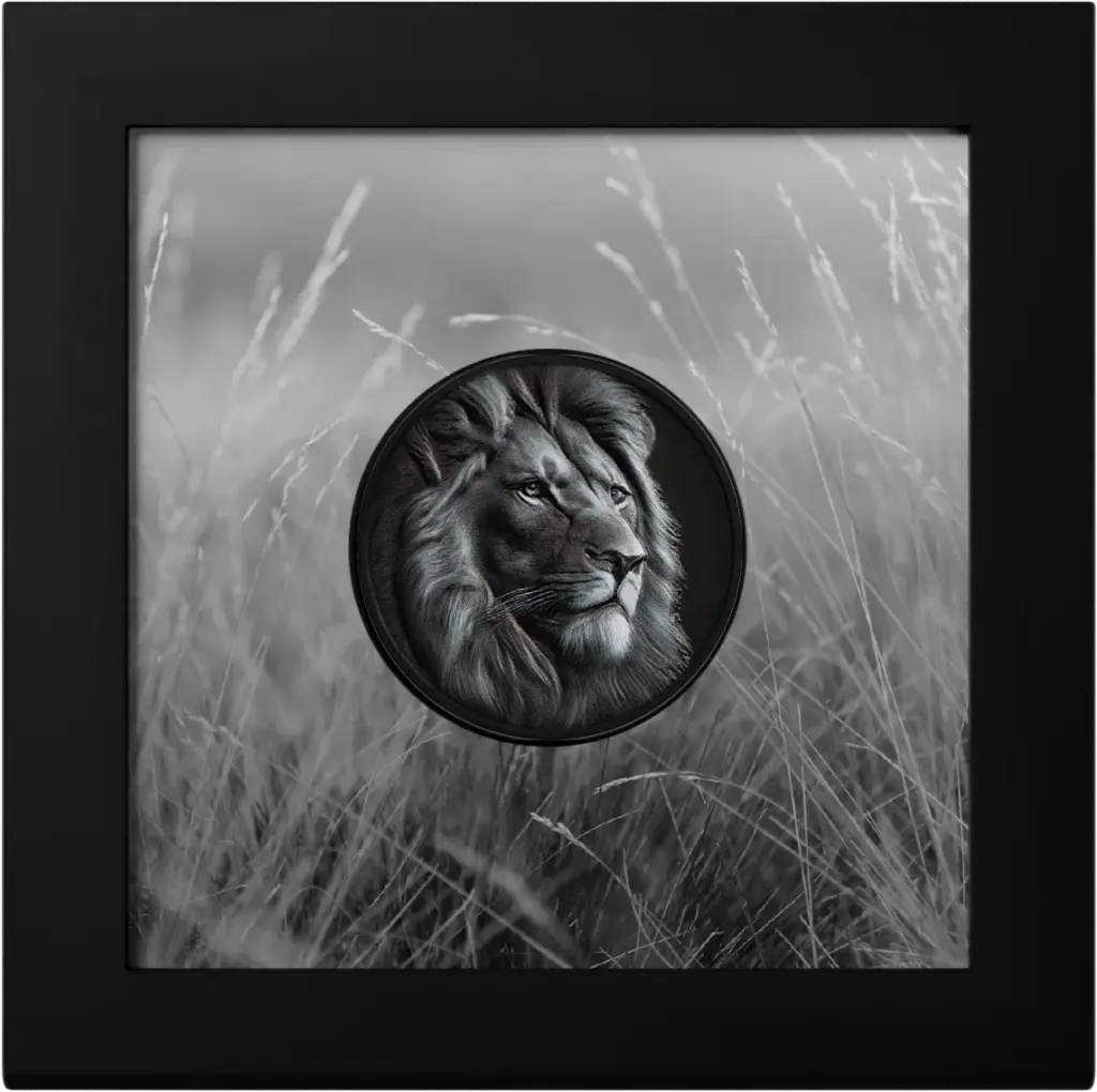 Black and White - Lion coin in the black display frame included in the packaging, with a black and white image of tall grass.