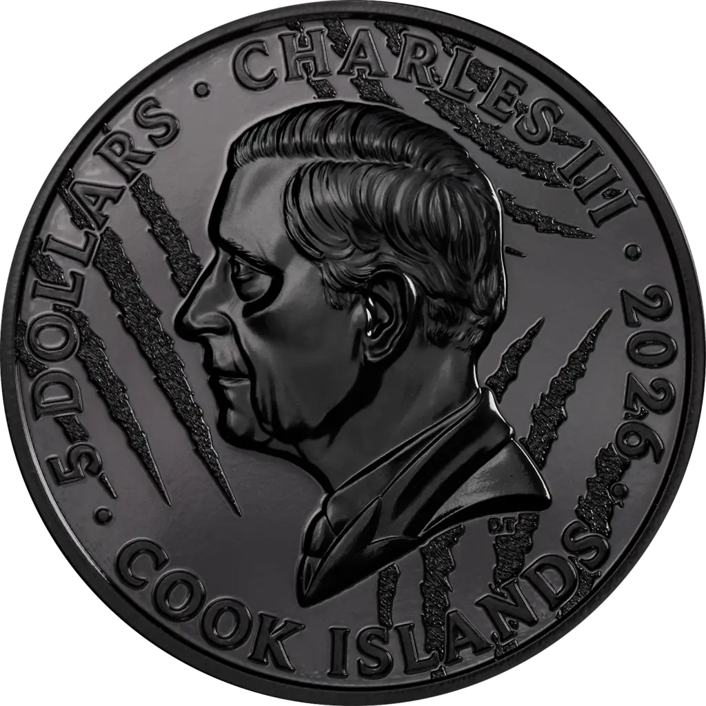Obverse of the Black and White - Lion coin: the effigy of Charles III in glossy black among claw scratches, with the inscriptions 5 DOLLARS, CHARLES III, 2026 and COOK ISLANDS.