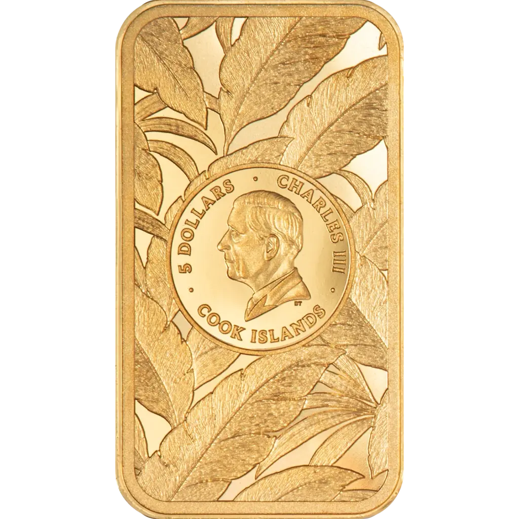Dritto della moneta Barre de Luxe - Leopardo in oro: l'effigie di Carlo III in un medaglione circolare con le scritte 5 DOLLARS, CHARLES III e COOK ISLANDS, su uno sfondo di foglie tropicali.