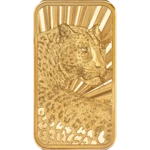 La moneta Barre de Luxe - Leopardo da 0,5 g in oro 999,9 proof, a forma di piccolo lingotto, mostra il leopardo sdraiato con la testa rivolta a destra davanti a un fascio di raggi, il motivo a macchie della pelliccia in basso e la data 2026.