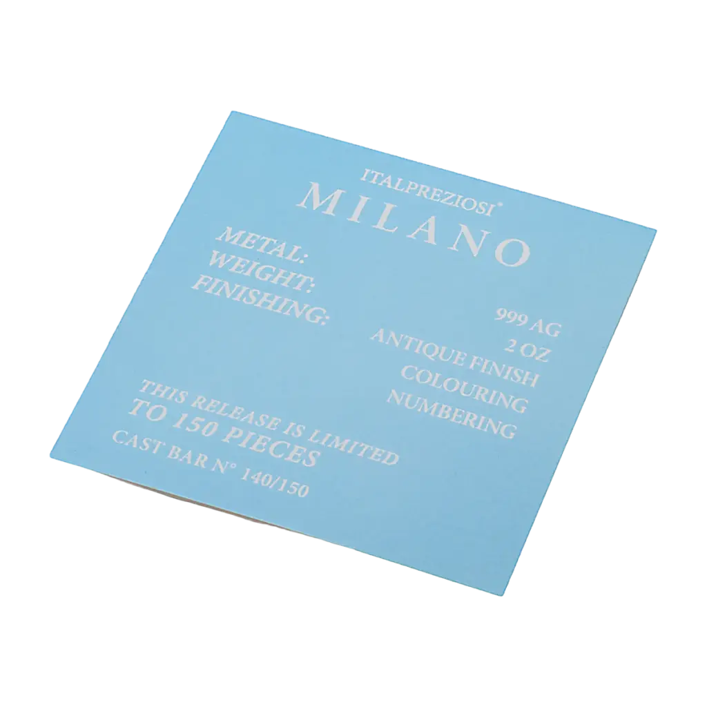 Certificato del lingotto Grandi Città Milano con le diciture 999 AG, 2 OZ, ANTIQUE FINISH, COLOURING, NUMBERING e THIS RELEASE IS LIMITED TO 150 PIECES.
