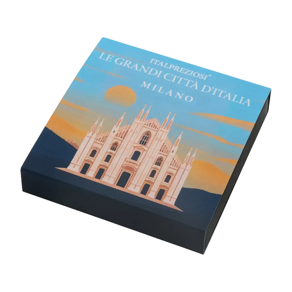 Astuccio del lingotto Grandi Città Milano visto di tre quarti, con la veduta di Milano che prosegue sui lati.