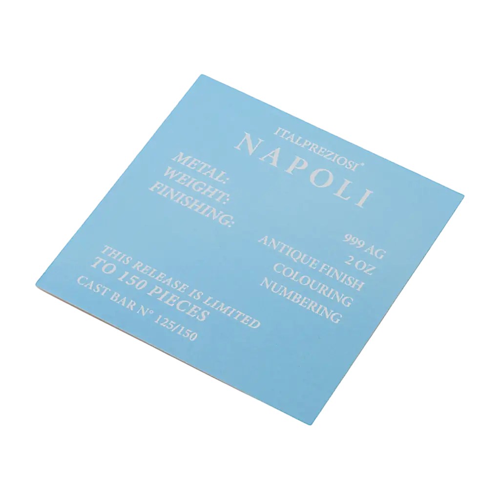 Certificato del lingotto Grandi Città Napoli con le diciture 999 AG, 2 OZ, ANTIQUE FINISH, COLOURING, NUMBERING e THIS RELEASE IS LIMITED TO 150 PIECES.