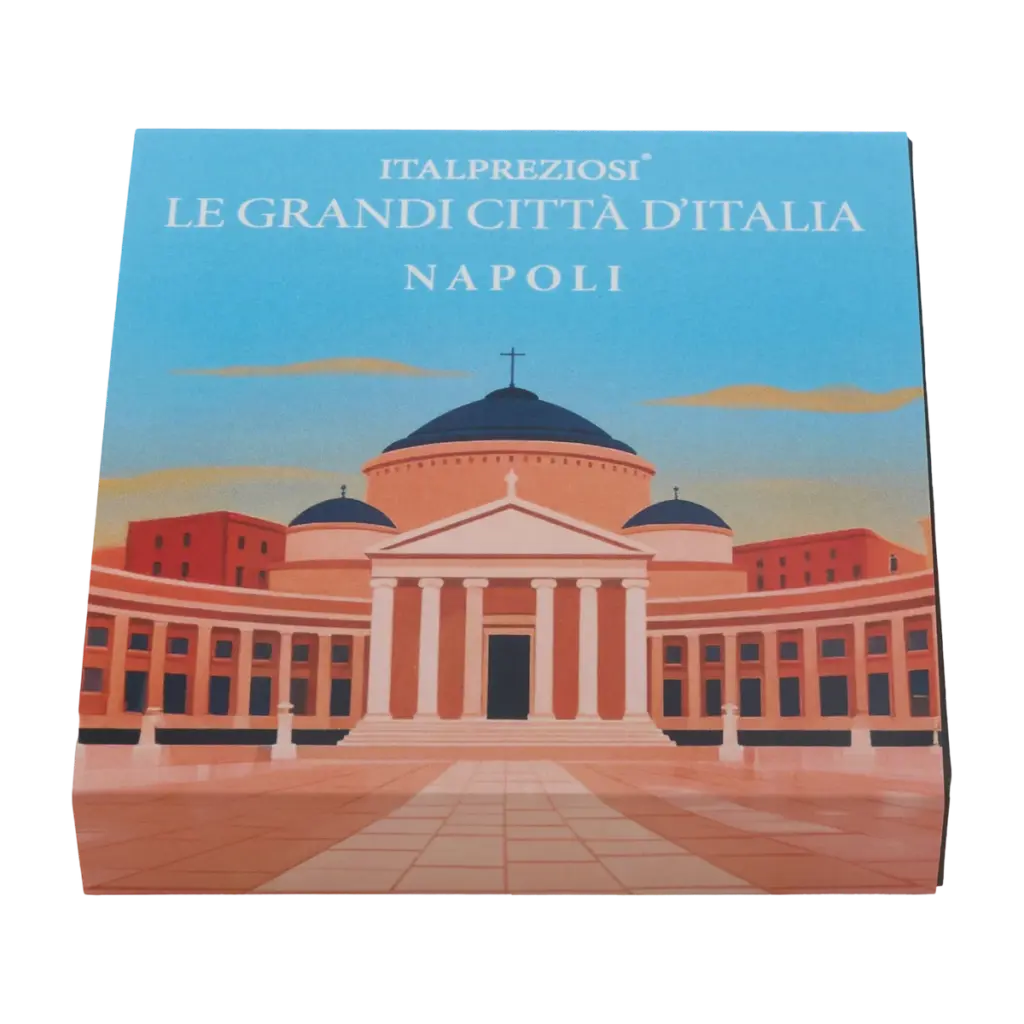Astuccio illustrato incluso nella confezione del lingotto Grandi Città Napoli, con la scritta ITALPREZIOSI LE GRANDI CITTÀ D'ITALIA - NAPOLI e l'illustrazione della basilica di San Francesco di Paola in Piazza del Plebiscito.