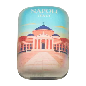 Il lingotto Grandi Città Napoli da 2 oz in argento 999 mostra a colori la basilica di San Francesco di Paola in Piazza del Plebiscito, con la scritta NAPOLI ITALY in alto.