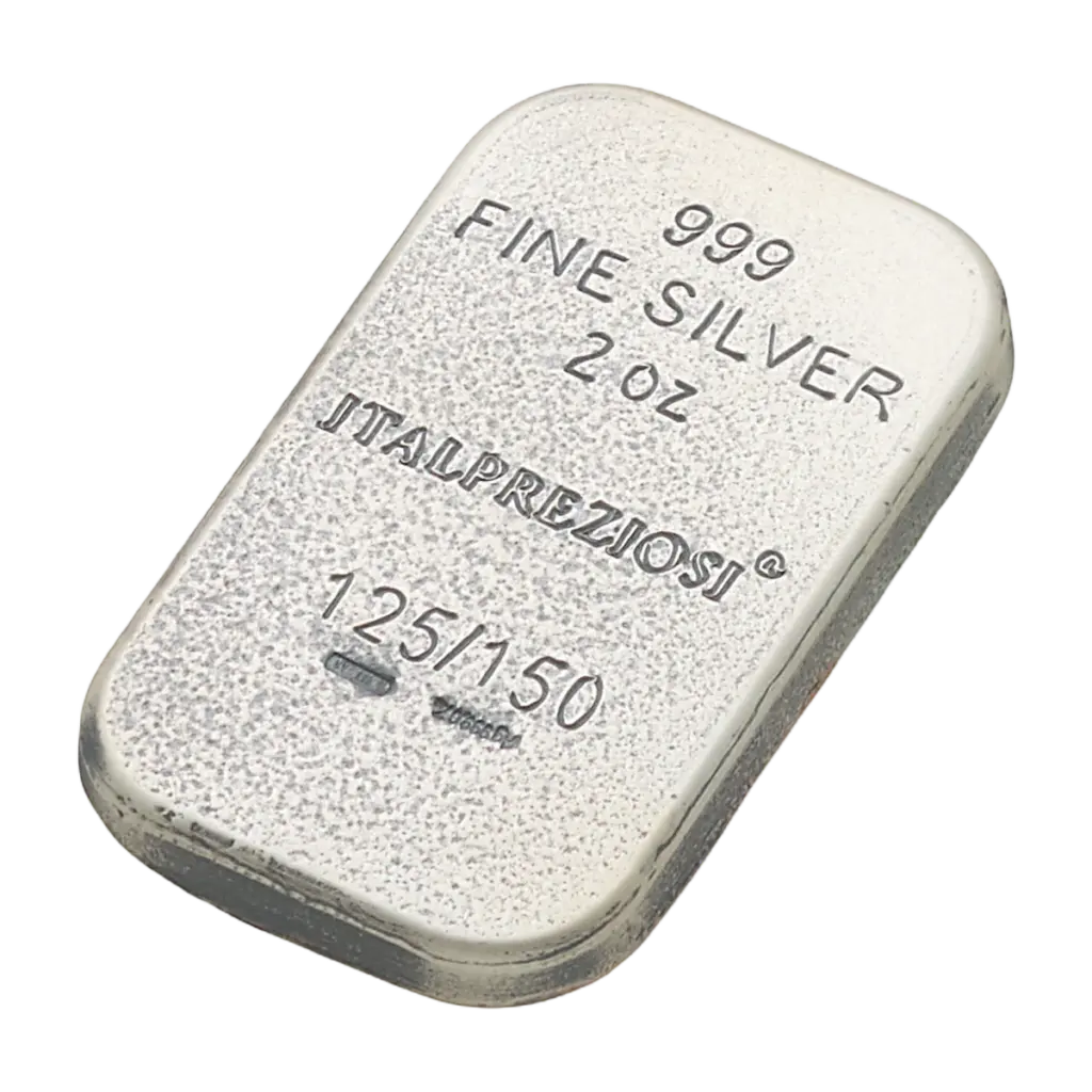 Retro del lingotto Grandi Città Napoli visto di tre quarti: superficie anticata con le scritte 999 FINE SILVER 2 oz e ITALPREZIOSI.