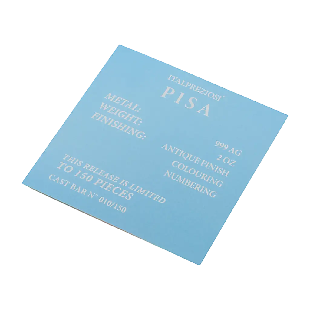 Certificato del lingotto Grandi Città Pisa con le diciture 999 AG, 2 OZ, ANTIQUE FINISH, COLOURING, NUMBERING e THIS RELEASE IS LIMITED TO 150 PIECES.