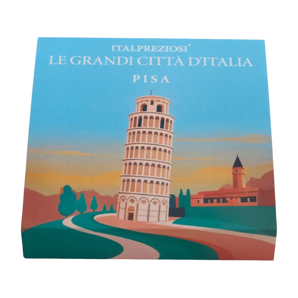 Astuccio illustrato incluso nella confezione del lingotto Grandi Città Pisa, con la scritta ITALPREZIOSI LE GRANDI CITTÀ D'ITALIA - PISA e l'illustrazione della Torre pendente.