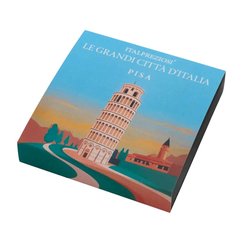 Astuccio del lingotto Grandi Città Pisa visto di tre quarti, con la veduta di Pisa che prosegue sui lati.