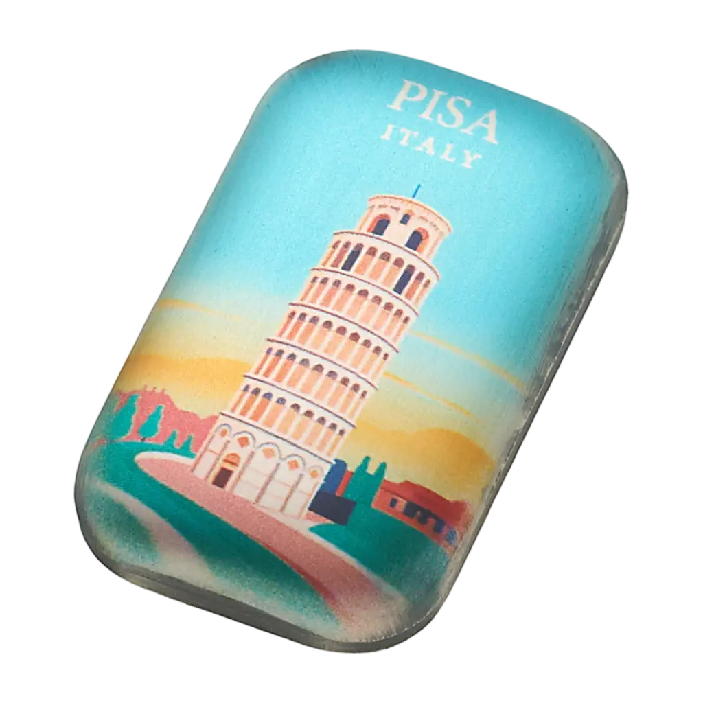 Lingotto Grandi Città Pisa in argento 999 visto di tre quarti: la Torre pendente sul prato di Piazza dei Miracoli a colori sul fronte bombato, sotto la scritta PISA ITALY.