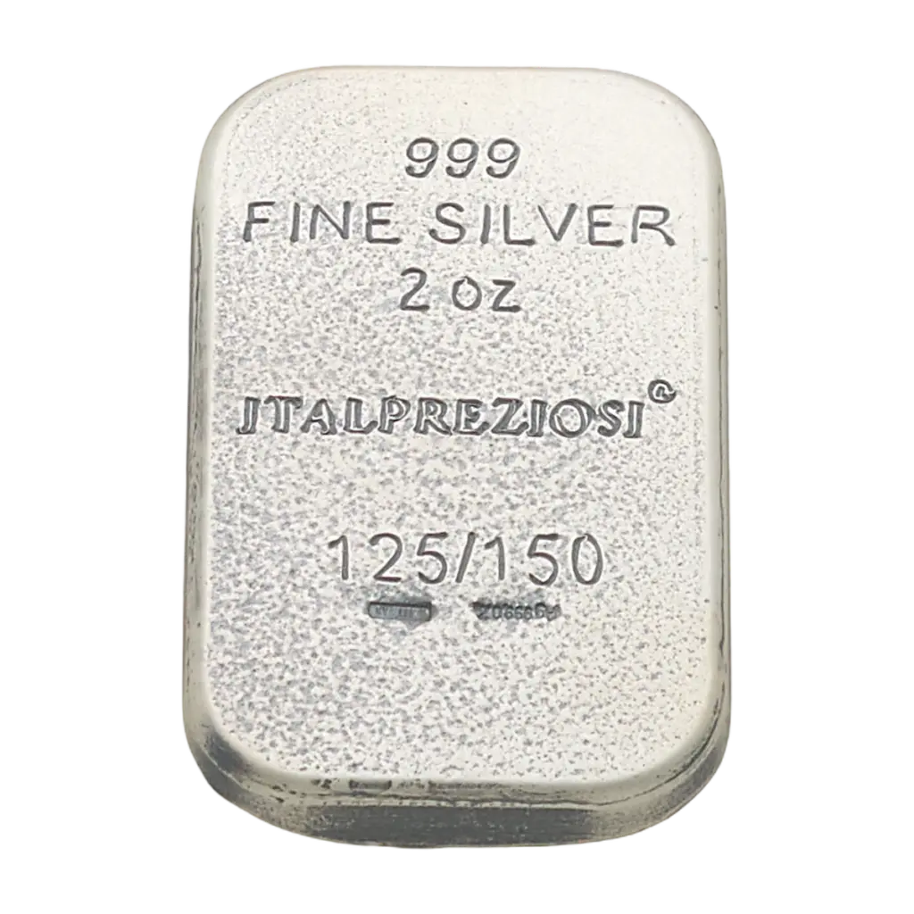 Retro del lingotto Grandi Città Pisa: argento anticato con le scritte 999 FINE SILVER 2 oz e ITALPREZIOSI, il numero dell'esemplare su 150 e i punzoni.