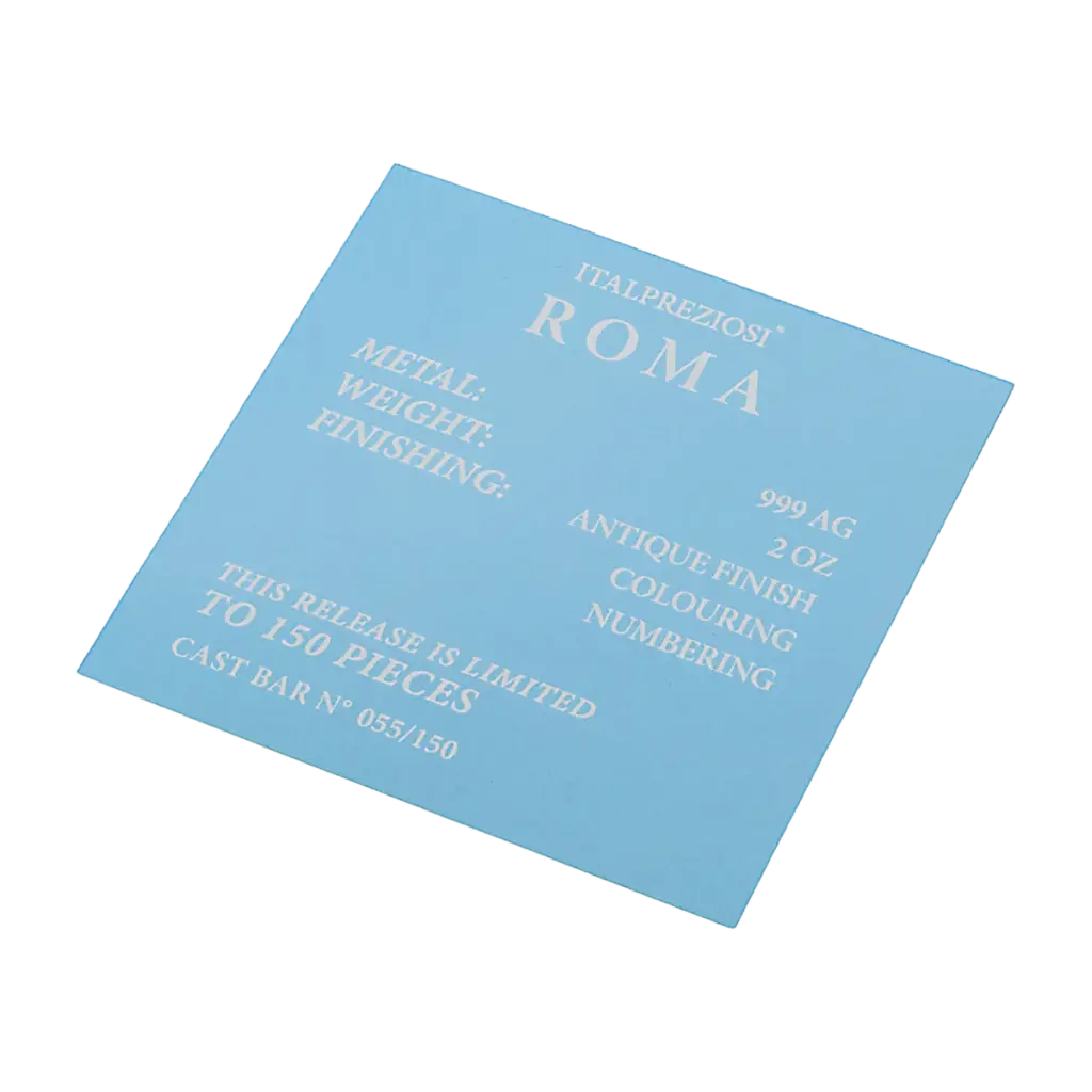 Certificato del lingotto Grandi Città Roma con le diciture 999 AG, 2 OZ, ANTIQUE FINISH, COLOURING, NUMBERING e THIS RELEASE IS LIMITED TO 150 PIECES.