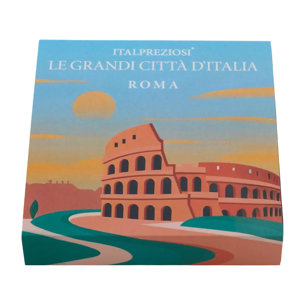Astuccio illustrato incluso nella confezione del lingotto Grandi Città Roma, con la scritta ITALPREZIOSI LE GRANDI CITTÀ D'ITALIA - ROMA e l'illustrazione del Colosseo al tramonto.