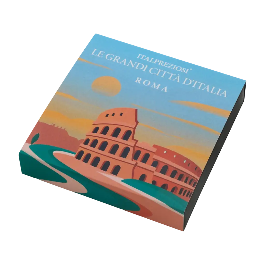 Astuccio del lingotto Grandi Città Roma visto di tre quarti, con la veduta di Roma che prosegue sui lati.
