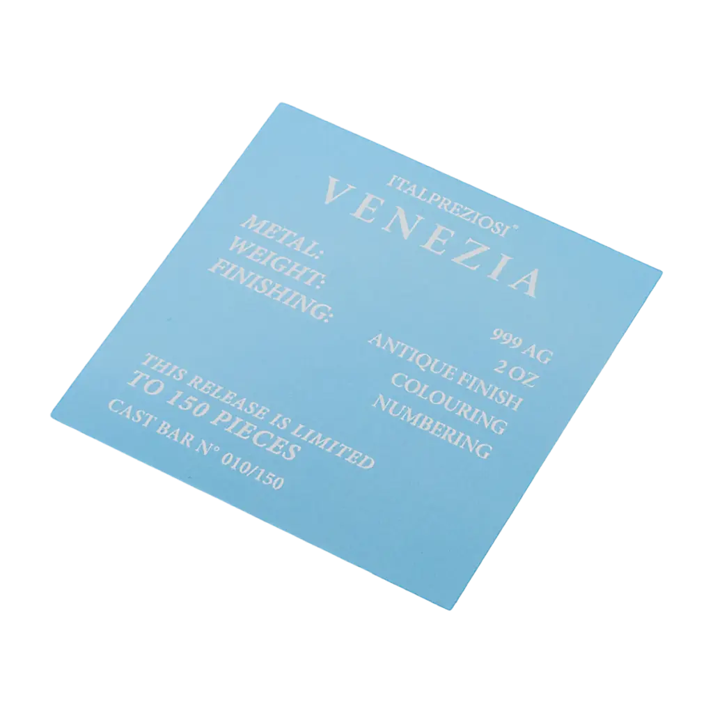 Certificato del lingotto Grandi Città Venezia con le diciture 999 AG, 2 OZ, ANTIQUE FINISH, COLOURING, NUMBERING e THIS RELEASE IS LIMITED TO 150 PIECES.