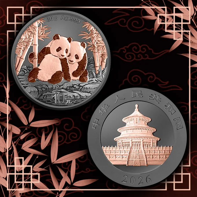Moneta Panda Black & Pink 30 g Argento 2026, dritto e rovescio su fondo nero con nuvole stilizzate, foglie di bambù e una cornice geometrica in oro rosa.
