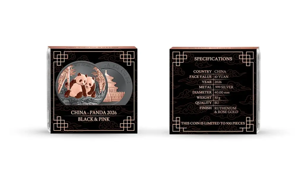 Custodia della moneta Panda Black & Pink 30 g Argento 2026: davanti la moneta e il titolo China - Panda 2026 Black & Pink, dietro le specifiche tecniche e la tiratura di 500 pezzi.