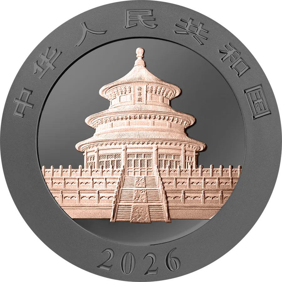 Dritto della moneta Panda Black & Pink 30 g Argento 2026: il Tempio del Cielo di Pechino in oro rosa su fondo scuro, con l'iscrizione in cinese Repubblica Popolare Cinese lungo il bordo e l'anno 2026.